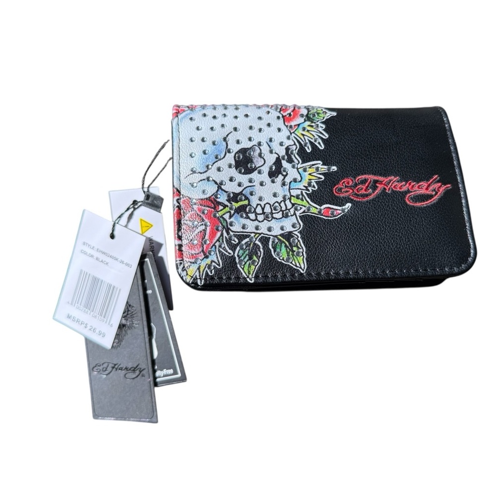 Ed Hardy Black Crossbody Wallet with Studded Skull & Red Roses